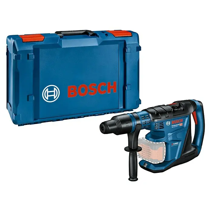 Bosch Professional AMPShare 18V Akku-Kombihammer GBH 18V-40 C - 18 V, Ohne Akku, 9 J - Bohrmaschine und Koffer von Bosch in den Firmenfarben, Blau und Rot. Es handelt sich um einen Bohrhammer mit Akku.