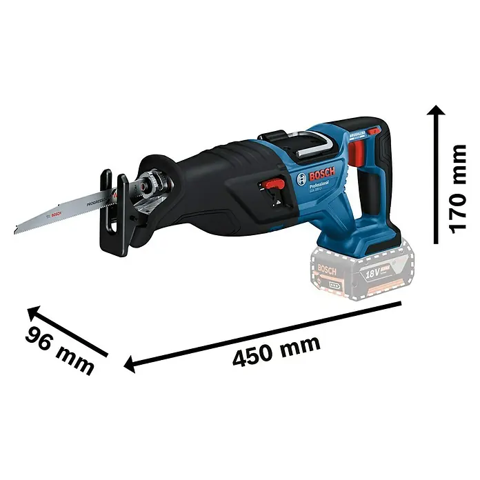 Bosch Professional AMPShare 18V Akku-Säbelsäge GSA 18V-28 - 18 V, Li-Ionen, Ohne Akku, Koffer - Bosch Professional GSA 18V-LI Akku-Säbelsäge mit den Maßen 450 mm Länge, 96 mm Breite und 170 mm Höhe für professionelle Anwendungen.
