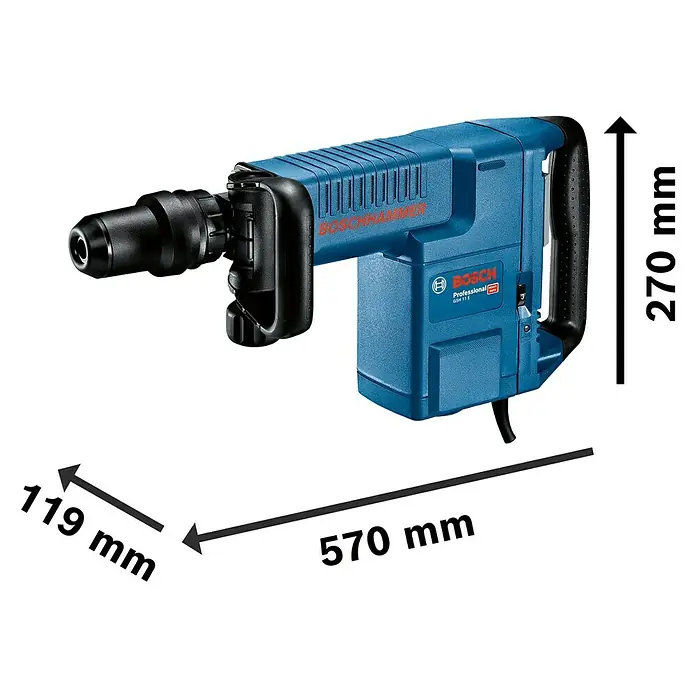 Bosch Professional Martillo demoledor GSH11E - 1.500 W, 16,8 J, Número máx. de impactos: 1.890 r.p.m. - Imagen de un martillo demoledor Bosch GSH 11 E con dimensiones. Una herramienta robusta para trabajos de demolición exigentes.