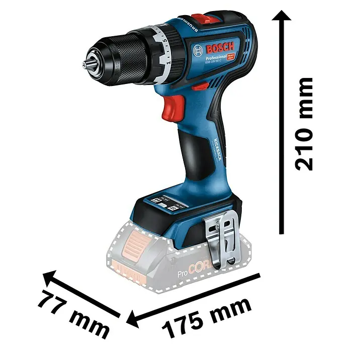 Bosch Professional AMPShare 18V Taladro atornillador percutor de batería GSB18V-90 - 18 V, 2 baterías, 4 Ah, 64 Nm, Incl. L-Boxx 136 + 2 baterías recargables 18 V/4 Ah - Imagen de un taladro inalámbrico Bosch Professional GSB 18V-90 C con detalles de dimensiones para altura, anchura y profundidad.