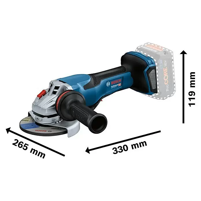 Bosch Professional AMPShare 18V Akku-Winkelschleifer GWS 18V-15 P - 18 V, Ohne Akku, Durchmesser Scheibe: 125 mm - Blauer und schwarzer Bosch Akku-Winkelschleifer mit grauem Kopf, rotem Schalter, Zusatzgriff und Trennscheibe. Maße: 265x330x119mm.
