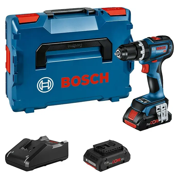 Bosch Professional AMPShare 18V Taladro atornillador percutor de batería GSB18V-90 - 18 V, 2 baterías, 4 Ah, 64 Nm, Incl. L-Boxx 136 + 2 baterías recargables 18 V/4 Ah - Juego de taladro atornillador inalámbrico Bosch Professional con maletín azul, cargador y dos baterías ProCore.
