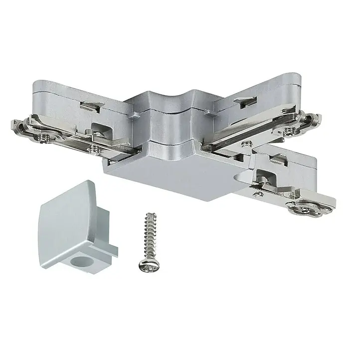 Paulmann URail T-Verbinder - Chrom matt, L x B x H: 10,4 x 6,2 x 1,8 cm - Das Bild zeigt eine silberne Vierwege-Verbindungsbox mit Zubehör, die für Stromschienen geeignet ist.