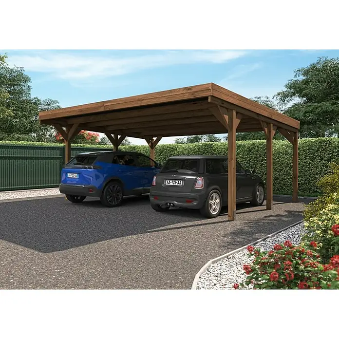 Cerland Carport Victor - Medidas ext. (An x Pr): 572 x 511 cm, Carport doble, Marrón - Una cochera de madera que alberga dos coches, un Peugeot azul y un Mini Cooper gris.