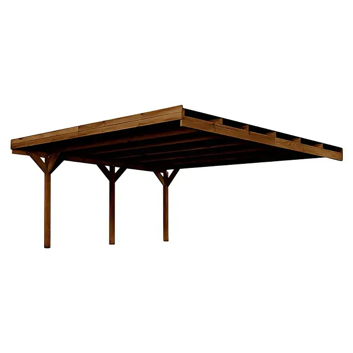Cerland Carport Adosado Victor - Medidas ext. (An x Pr): 586 x 511 cm, Carport doble, Marrón - Un carport de madera con cuatro pilares de soporte y techo plano. Ideal como refugio para vehículos o como patio cubierto.