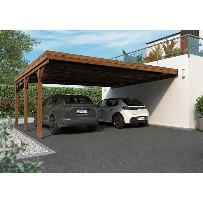 Cerland Carport Adosado Victor - Medidas ext. (An x Pr): 586 x 511 cm, Carport doble, Marrón - Una estructura moderna de cochera doble con dos coches aparcados debajo, destacando los detalles de madera de la cochera.