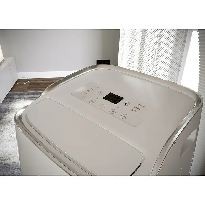 PR Klima Aire acondicionado portátil Moma - 3.500 W, Tamaño de la estancia: 35 m², Blanco - Primer plano de un aire acondicionado portátil con pantalla digital y panel de control.