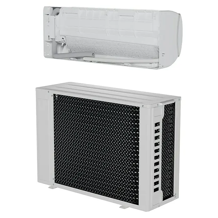 TCL Inverter-Klimasplitgerät mit Quick Connector TAC-12CHSD/TPG11 QC - Kühlleistung: 1.500 W - 3.770 W, Heizleistung: 3.810 W, Raumgröße: 35 m², Passend für: Räume bis ca. 35 m² - Weißes Klimagerät im Detail. Das Gerät besteht aus einer Innen- und Außeneinheit.