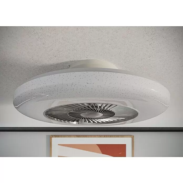 Voltomat Deckenventilator mit LED-Beleuchtung - Silber, Weiß, 60 cm, 40 W, Warmweiß - Weißer Deckenventilator mit integrierter Beleuchtung, strukturierter Abdeckung und Metallgitter, an der Decke montiert.