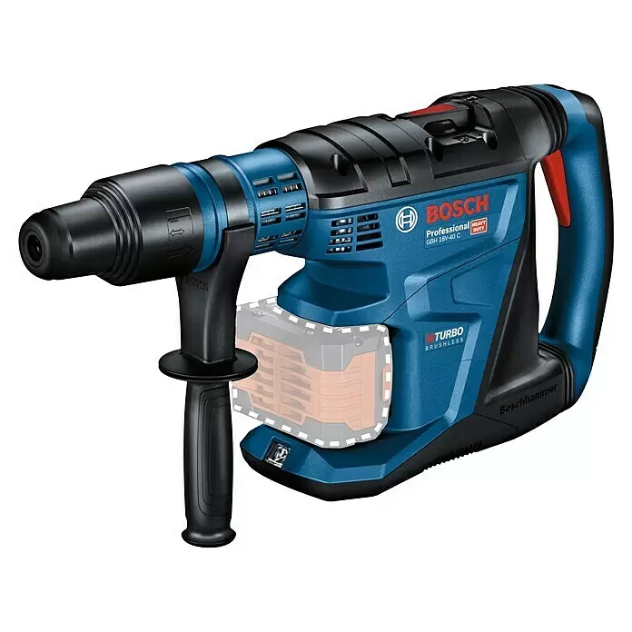Bosch Professional AMPShare 18V Akku-Kombihammer GBH 18V-40 C - 18 V, 2 Akkus, 8 Ah, 9 J - Blau-schwarzer Bosch Professional GBH 18V-40 C Hochleistungs-Akku-Bohrhammer mit Akku-Umriss.