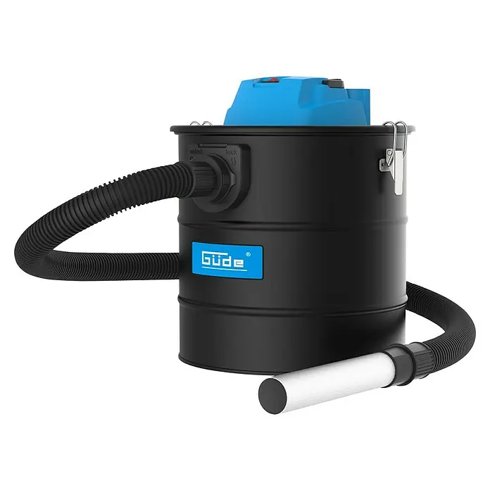 Güde Aschesauger - 1.200 W, 18 l - Ein schwarzer Güde Aschesauger mit blauem Deckel und flexiblen Schläuchen zum Aufsaugen von Asche und Staub.
