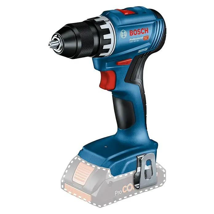Bosch Professional AMPShare 18V Juego de máquinas - 18 V, 2 baterías, 2 Ah - 4 Ah, 7 pzs. - Imagen de un taladro atornillador inalámbrico azul Bosch Professional GSR 18V-45 con un portabrocas negro y un gatillo rojo, adecuado para trabajos pesados.