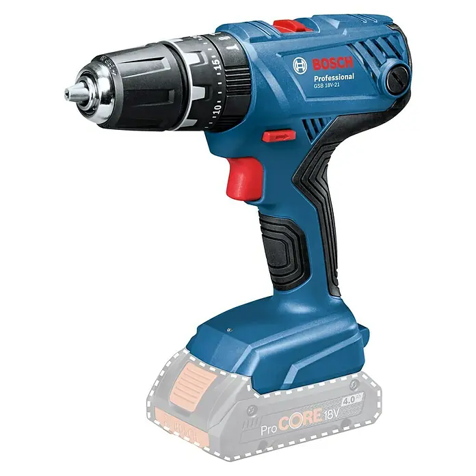 Bosch Professional AMPShare 18V Akku-Schlagbohrschrauber GSB 18V-21 - 18 V, 3 Akkus, 3 Ah - Akku-Schlagbohrschrauber Bosch GSB 18V-21 Professional in Blau mit schwarzem Griff und rotem Auslöser für professionelle Anwendungen.