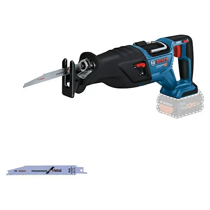 Bosch Professional AMPShare 18V Akku-Säbelsäge GSA 18V-28 - 18 V, Li-Ionen, Ohne Akku, Karton - Blaue und schwarze Bosch Akku-Säbelsäge mit eingesetztem Metallsägeblatt und einem separaten Metall-Sägeblatt.