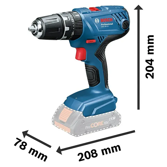 Bosch Professional AMPShare 18V Akku-Schlagbohrschrauber GSB 18V-21 - 18 V, 3 Akkus, 3 Ah - Abbildung des Bosch Professional GSB 18V-21 Akku-Schlagbohrschraubers mit Maßangaben, die seine kompakte und ergonomische Bauweise hervorheben.