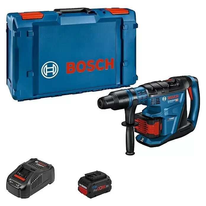 Bosch Professional AMPShare 18V Akku-Kombihammer GBH 18V-40 C - 18 V, 2 Akkus, 5,5 Ah, 9 J - Ein blaues Bosch Professional Akku-Bohrhammer-Set mit Ladegerät, Akku und blauem Tragekoffer.