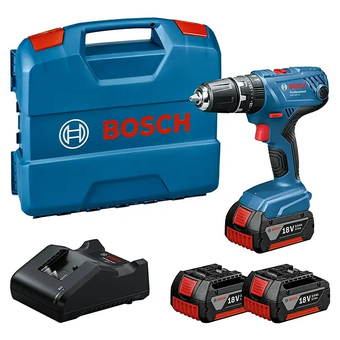 Bosch Professional AMPShare 18V Akku-Schlagbohrschrauber GSB 18V-21 - 18 V, 3 Akkus, 3 Ah - Abbildung eines Bosch GSB 18V-21 Akku-Schlagbohrschraubers mit Zubehör, ideal für Profis, die Wert auf Leistung und Flexibilität legen.