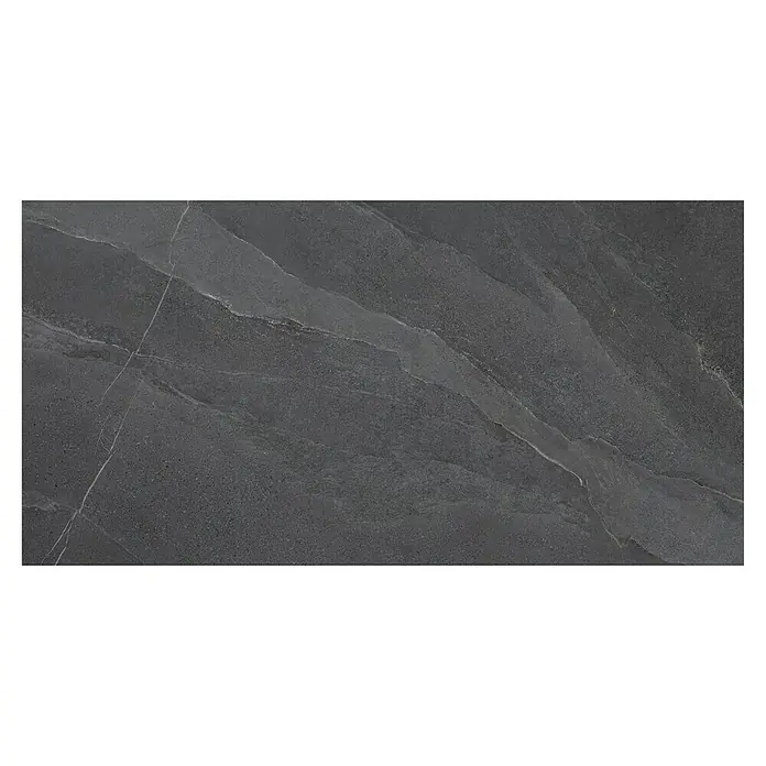 Terrassenfliese Monte 2.0 - 39,7 x 79,7 x 2 cm, Anthrazit, Matt - Das Bild zeigt eine große, graue Keramikfliese mit einer subtilen Marmorierung und unregelmäßigen Linien für ein elegantes, natürliches Aussehen.
