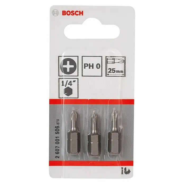 Bosch Punta Extra Hard C - PH 0, 25 mm, 3 ud. - Paquete de tres puntas de destornillador Bosch PH 0, de 25 mm de longitud, con un vástago hexagonal de 1/4 de pulgada.
