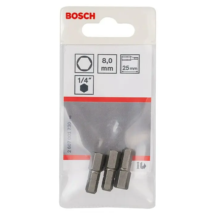 Bosch Punta Extra Hard C - IS 8, 25 mm, 3 ud. - Imagen de un juego de puntas hexagonales Bosch de 8 mm con vástago de 1/4" y longitud de 25 mm, ideal para atornilladores, bricolaje y profesionales.