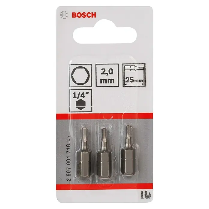 Bosch Punta Extra Hard C - IS 2, 25 mm, 3 ud. - La imagen muestra un paquete de puntas hexagonales Bosch de 2 mm con un vástago de 1/4" y una longitud de 25 mm. Ideal para atornillar en espacios reducidos.