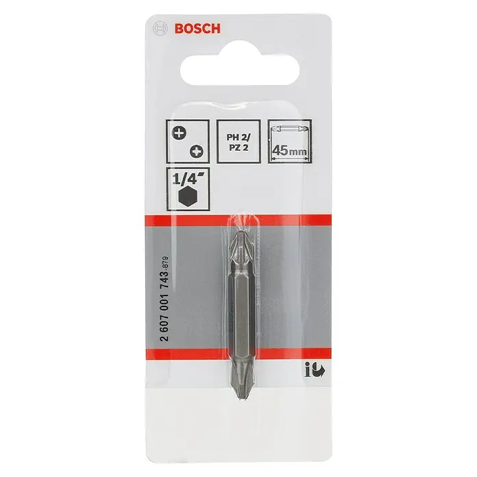 Bosch Professional Punta Extra Hard doble PH2-PZ2 - Largo: 45 mm, 1 ud. - Imagen de la punta de destornillador Bosch PH2/PZ2 con longitud de 45 mm, envasada en blíster.