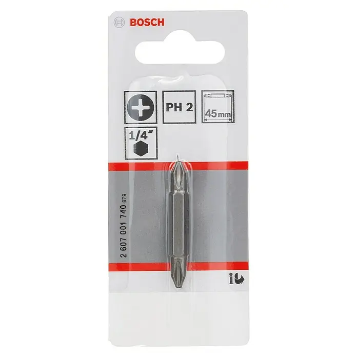 Bosch Punta Extra Hard doble - PH 2, Largo: 45 mm, 3 ud. - Imagen del producto de una punta de destornillador Bosch PH 2 con una longitud de 45 mm y vástago hexagonal de 1/4" en el embalaje original.