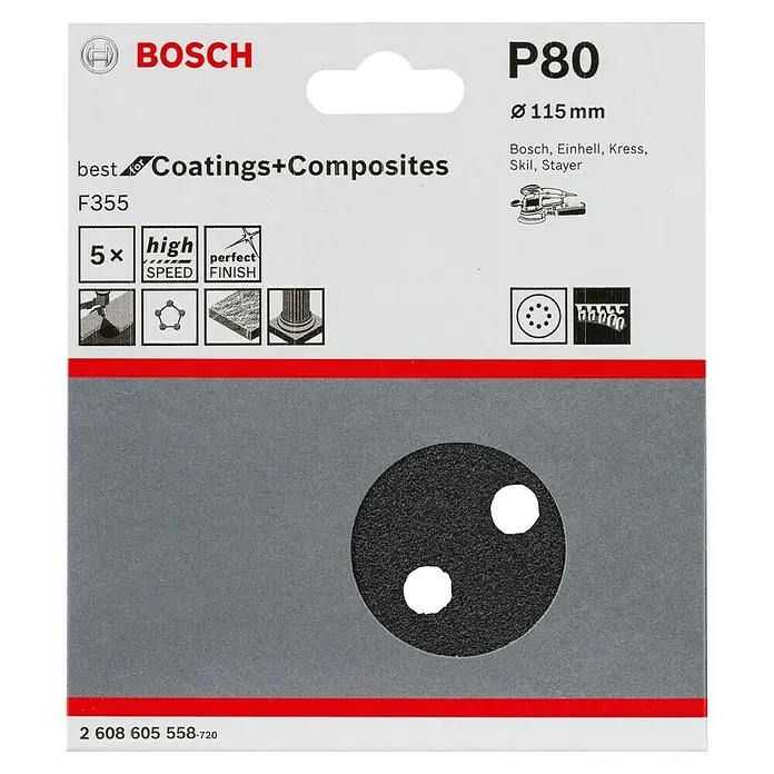 Bosch Set de hojas de lija F355 Best for Coatings and Composites - Grano: 180 mm, 5 ud., Diámetro: 115 mm - Un paquete de discos de lija Bosch P80, Ø 115 mm, ideal para recubrimientos y compuestos. Adecuado para lijadoras Bosch, Einhell, Kress, Skil y Stayer.
