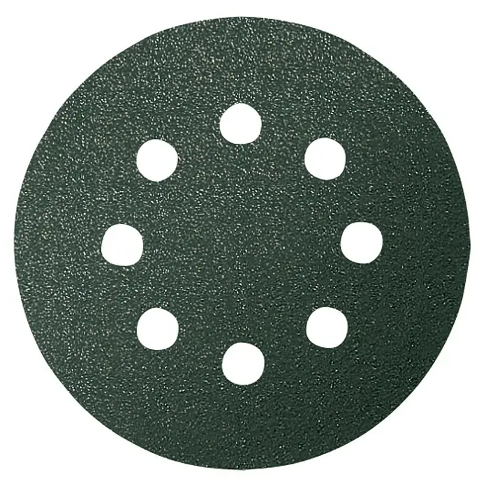 Bosch Set de hojas de lija F355 Best for Coatings and Composites - Grano: 320 mm, 5 ud., Diámetro: 125 mm - Primer plano de un disco de lijado con orificios para la extracción de polvo. El disco es redondo y de color oscuro.