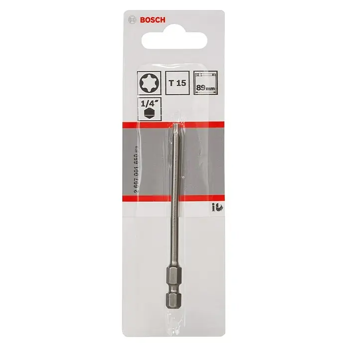 Bosch Punta Extra Hard E - T15, 89 mm, 1 ud. - Primer plano de una punta de destornillador Torx T15 de Bosch, longitud 89 mm, mostrada en un embalaje transparente. Ideal para diversas tareas.