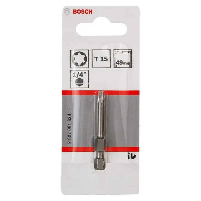 Bosch Punta Extra Hard E - T15, 49 mm, 1 ud. - En la imagen se muestra una punta de destornillador Bosch T15 con una longitud de 49mm y un vástago hexagonal de 1/4 de pulgada, ideal para tornillos Torx.