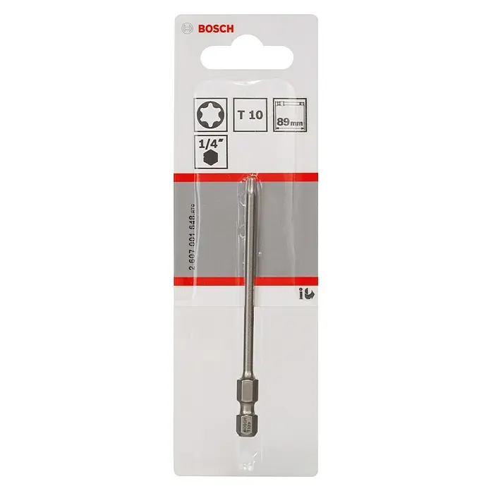 Bosch Punta Extra Hard E - T10, 89 mm, 1 ud. - Una extensión de broca Torx T10 de Bosch, de 89 mm de largo con vástago hexagonal de 1/4", ideal para atornillar en zonas de difícil acceso.