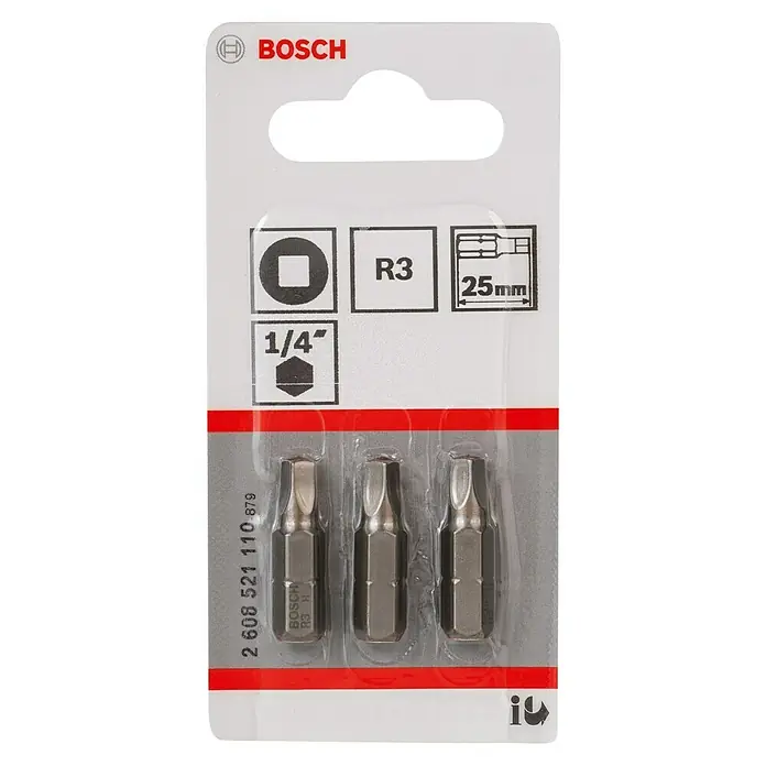 Bosch Punta Extra Hard C - R3, 25 mm, 3 ud. - La imagen muestra un paquete de puntas de destornillador Bosch R3, especificando un tamaño de 25mm y un vástago de 1/4 de pulgada.