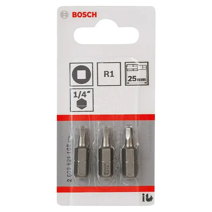 Bosch Punta Extra Hard C - R1, 25 mm, 3 ud. - Imagen de un pack de puntas de atornillador Bosch SQ1P con tres puntas de 25mm, vástago de 1/4 de pulgada y encastre cuadrado R1, ideal para atornillar.