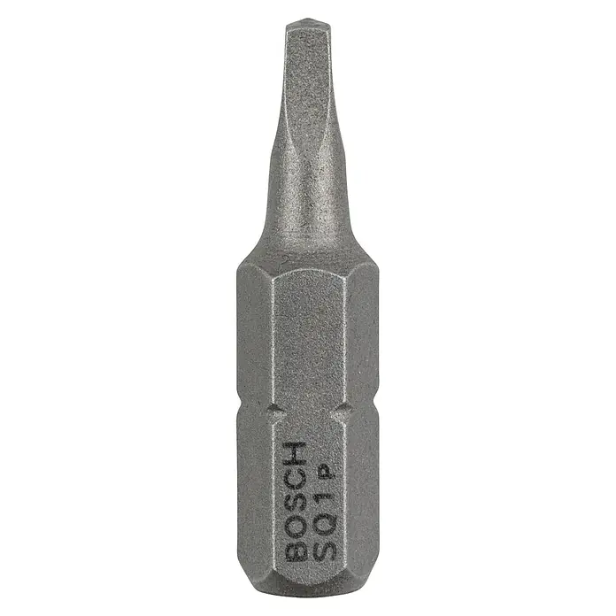 Bosch Punta Extra Hard C - R1, 25 mm, 3 ud. - Primer plano de una punta de destornillador Bosch SQ1P. La punta es gris y presenta una punta plana y un mango hexagonal con grabado.