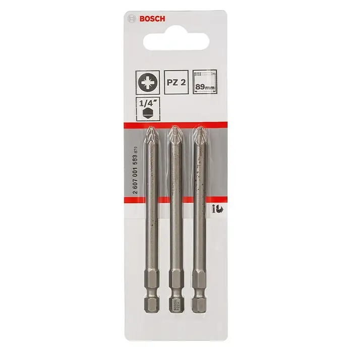 Bosch Punta Extra Hard E - PZ 2, 89 mm, 3 ud. - Primer plano de un paquete Bosch con tres puntas de destornillador PZ2, de 89 mm de longitud y mango hexagonal de 1/4 de pulgada.