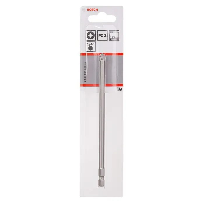 Bosch Punta Extra Hard E - PZ 2, 152 mm, 1 ud. - Una punta de destornillador Bosch PZ2, vástago de 1/4 de pulgada, longitud de 152 mm, empaquetada para la venta al por menor. Ideal para atornillar con herramientas eléctricas.