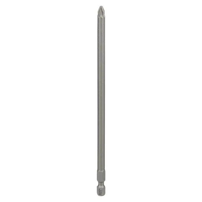 Bosch Punta Extra Hard E - PZ 2, 152 mm, 1 ud. - Primer plano de una punta de destornillador Bosch PZ2 plateada que muestra detalles precisos, ideal para profesionales y aficionados al bricolaje.