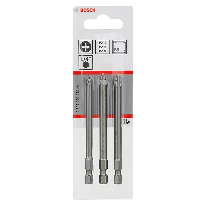 Bosch Punta Extra Hard - PZ, 89 mm, 3 pzs. - Imagen de un paquete de tres puntas de destornillador Bosch PZ1, PZ2 y PZ3, de 89 mm de longitud con un mango hexagonal de 1/4 de pulgada.