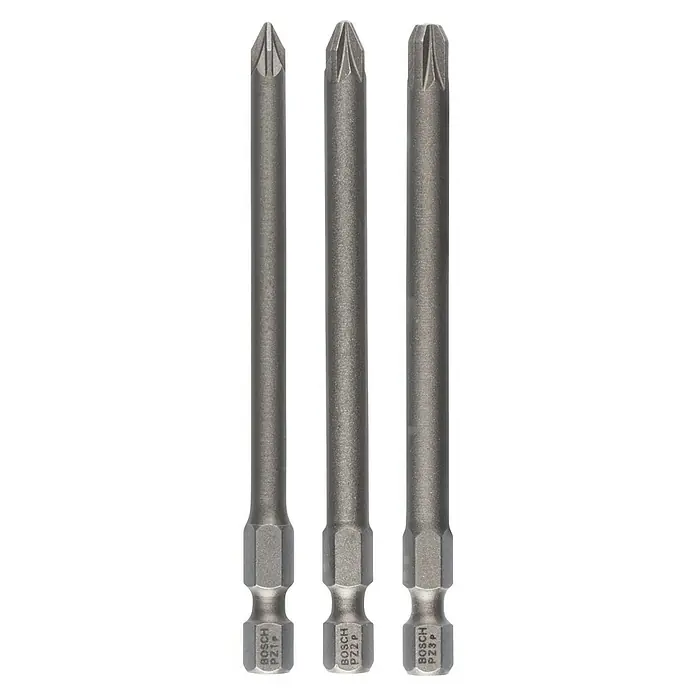 Bosch Punta Extra Hard - PZ, 89 mm, 3 pzs. - Primer plano de tres puntas de destornillador Bosch PZ en varios tamaños, ideales para atornillar.
