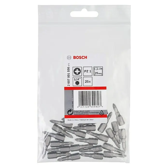 Bosch Punta Extra Hard C - PZ 1, 25 mm, 25 ud. - Primer plano de un paquete de puntas de atornillar Bosch PZ 1, 25 unidades, 25 mm de longitud, ideal para atornillar.