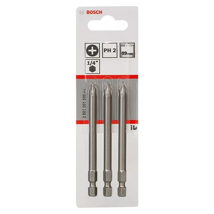 Bosch Punta Extra Hard E - PH 2, 89 mm, 3 ud. - Esta imagen muestra un paquete de puntas de destornillador Bosch PH2, de 89mm, perfectas para atornillar.