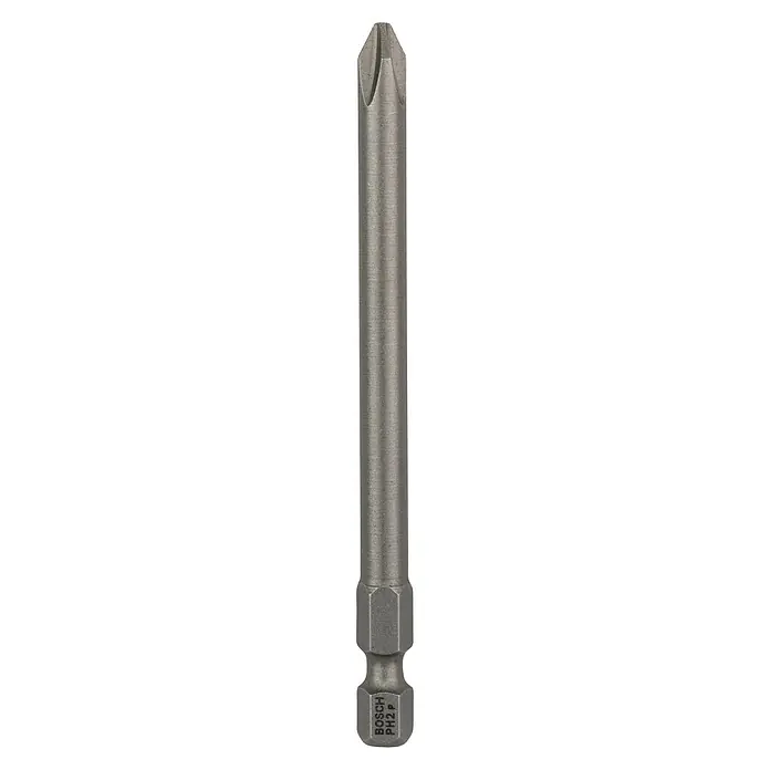 Bosch Punta Extra Hard E - PH 2, 89 mm, 3 ud. - Primer plano de una punta de destornillador PH2 de Bosch. Una herramienta duradera para atornillar con precisión, perfecta para profesionales y aficionados al bricolaje.