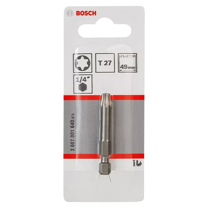 Bosch Punta Extra Hard E - T27, 49 mm, 1 ud. - Imagen de una punta Torx T27 de Bosch empaquetada, de 49 mm de longitud. Ideal para tareas de atornillado.