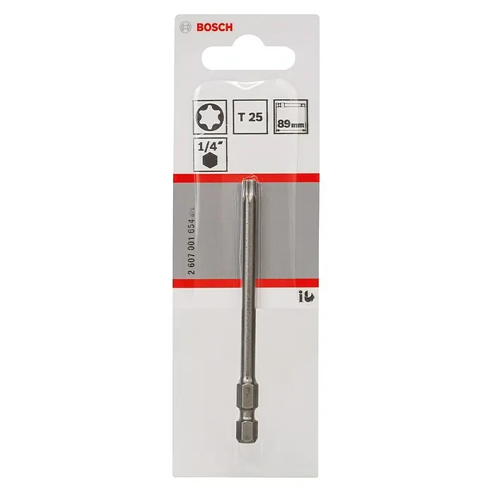 Bosch Punta Extra Hard E - T25, 89 mm, 1 ud. - Imagen de una punta de destornillador Bosch T25, de 89 mm de largo, con un accionamiento de 1/4", perfecta para atornillar con precisión.