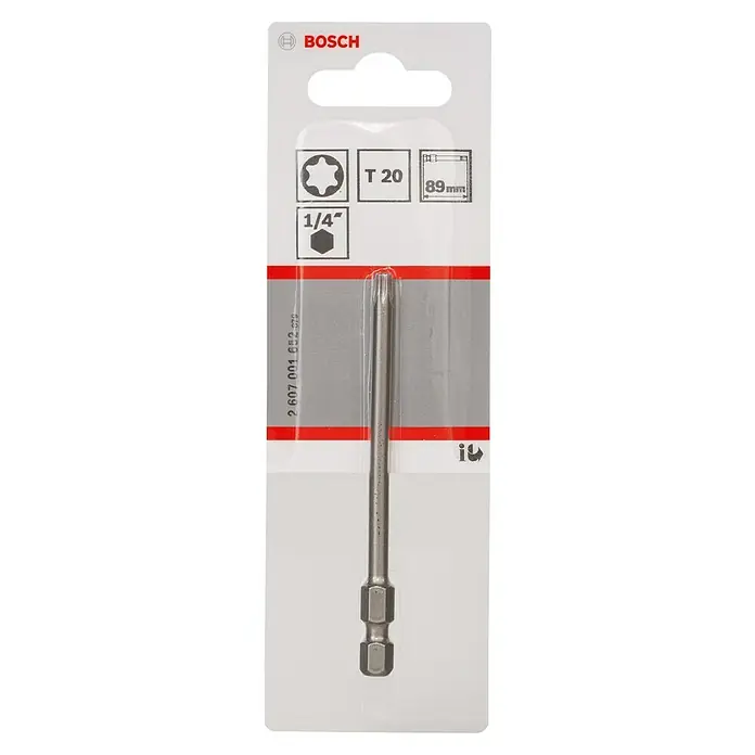 Bosch Punta Extra Hard E - T20, 89 mm, 1 ud. - La imagen muestra una punta Torx T20 de Bosch con una longitud de 89 mm en su embalaje. El accesorio está diseñado para atornillar.