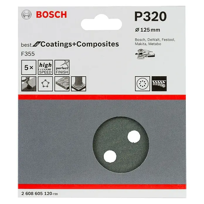 Bosch Set de hojas de lija F355 Best for Coatings and Composites - Grano: 320 mm, 5 ud., Diámetro: 125 mm - La imagen muestra un disco de lijado Bosch P320 para revestimientos y compuestos con un diámetro de 125 mm.