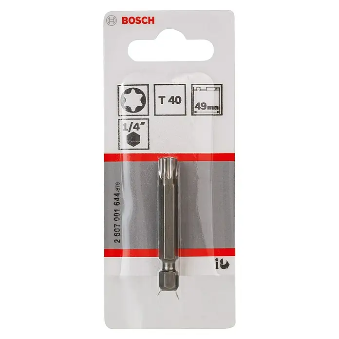 Bosch Punta Extra Hard E - T40, 49 mm, 1 ud. - Una punta Torx T40 de Bosch, de 49 mm de largo con un vástago hexagonal de 1/4", ideal para atornillar.
