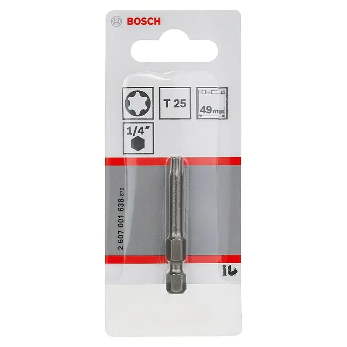 Bosch Punta Extra Hard E - T25, 49 mm, 1 ud. - Imagen del producto: Punta Torx T25 de Bosch, longitud 49 mm, accionamiento de 1/4 de pulgada para atornillar con herramientas eléctricas, en blíster.
