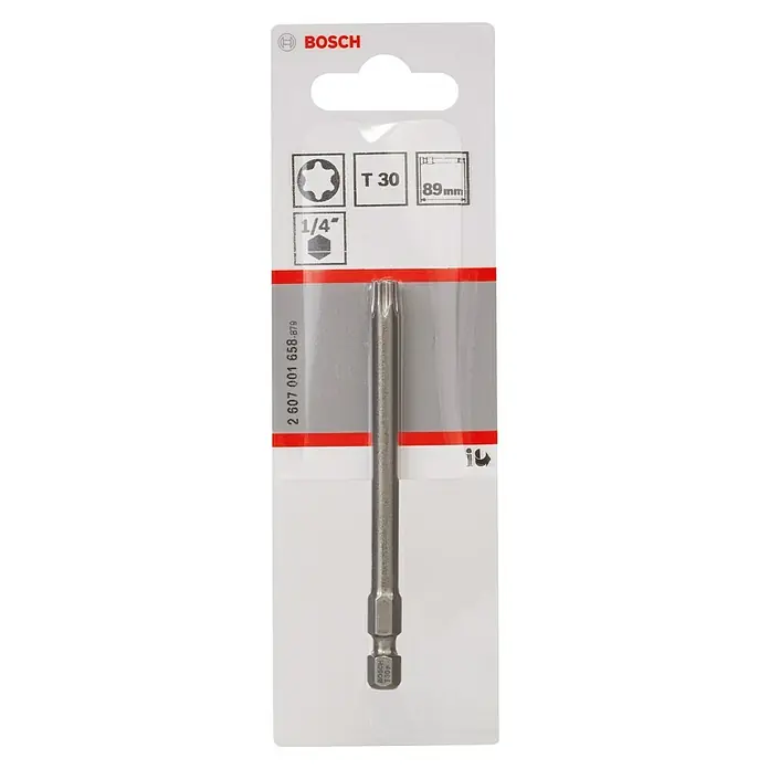 Bosch Punta Extra Hard E - T30, 89 mm, 1 ud. - Una punta de destornillador Torx T30 larga de Bosch en su embalaje, ideal para tornillos de alto par.